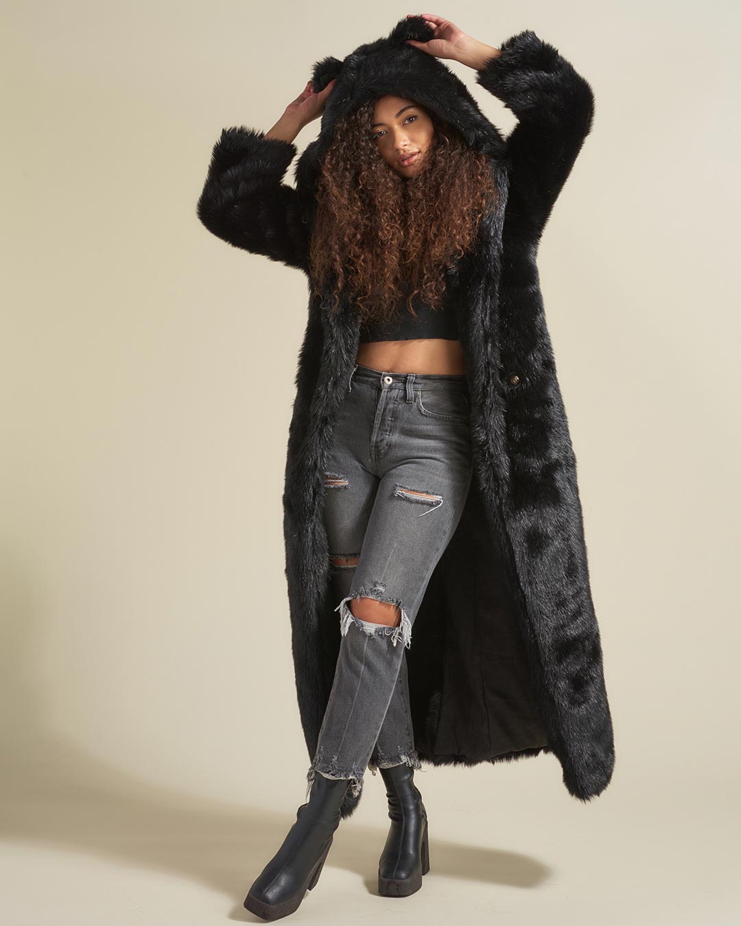 Long Black Faux Fur Coat Womens Black Panther SpiritHoods