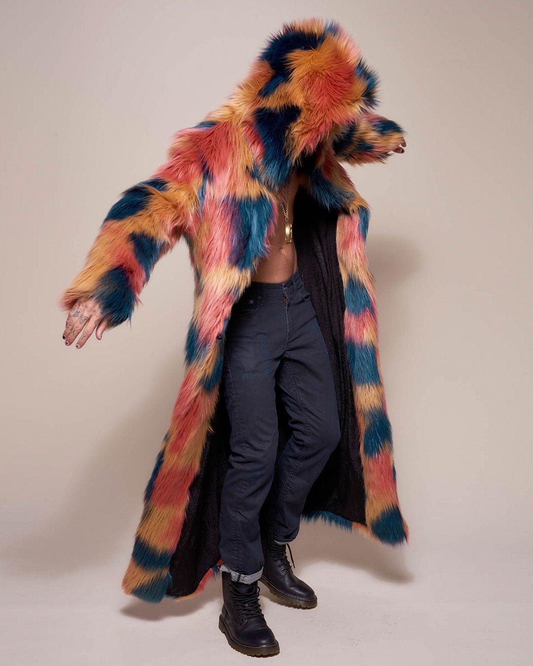 Man wearing American Swallow Hooded Faux Fur Long Coat, side view