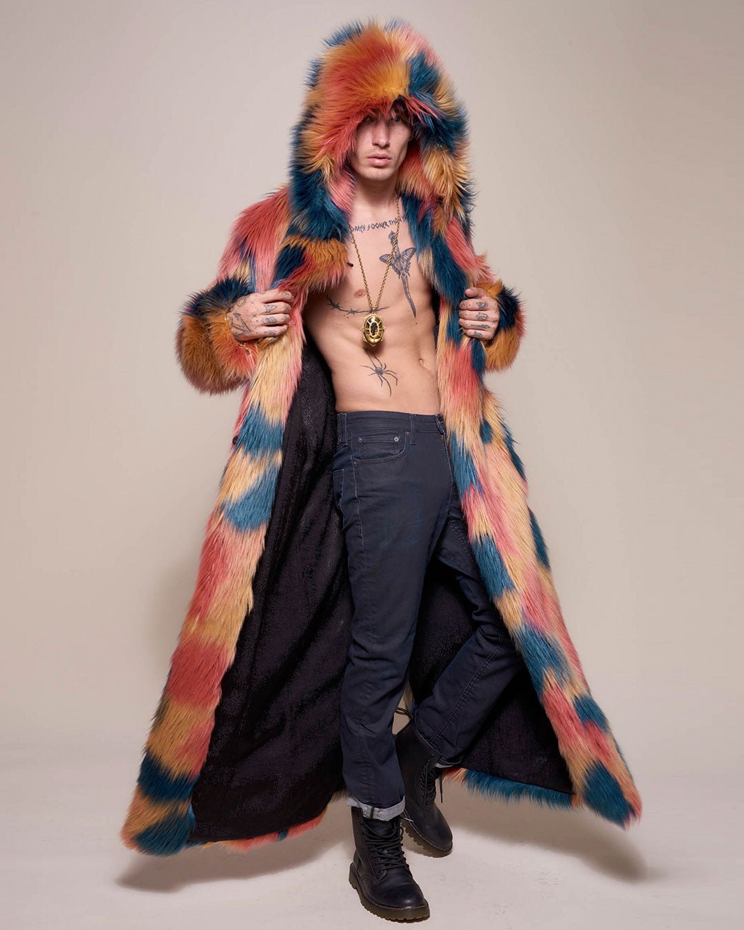 Man wearing American Swallow Hooded Faux Fur Long Coat, front view