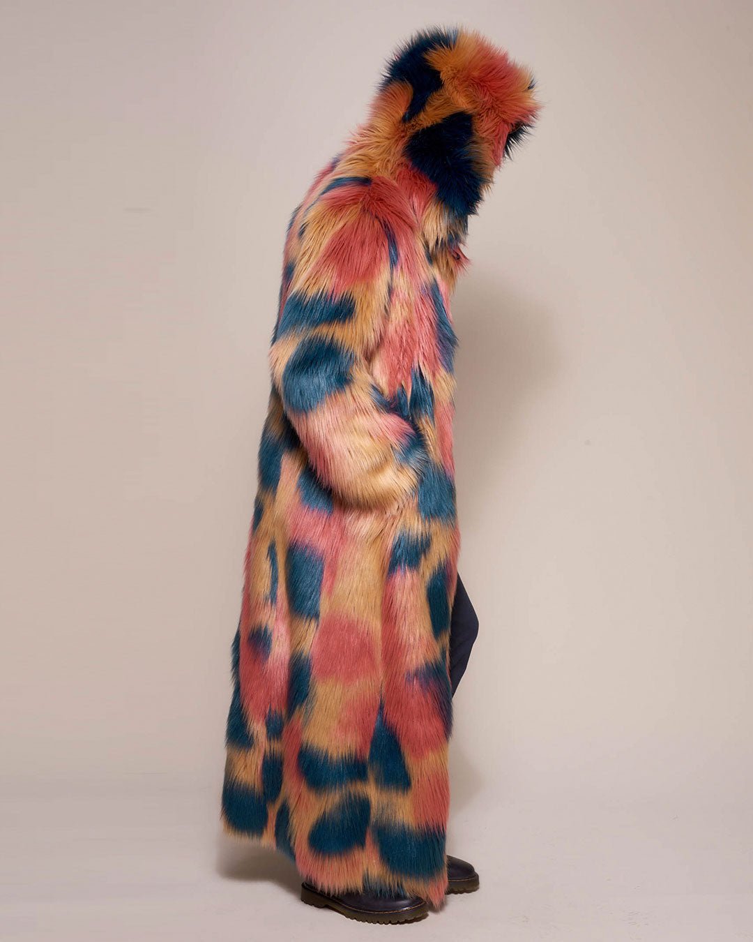 Man wearing American Swallow Hooded Faux Fur Long Coat, side view 2