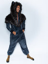 Man wearing Black Panther Faux Fur Velvet Onesie, side view 1