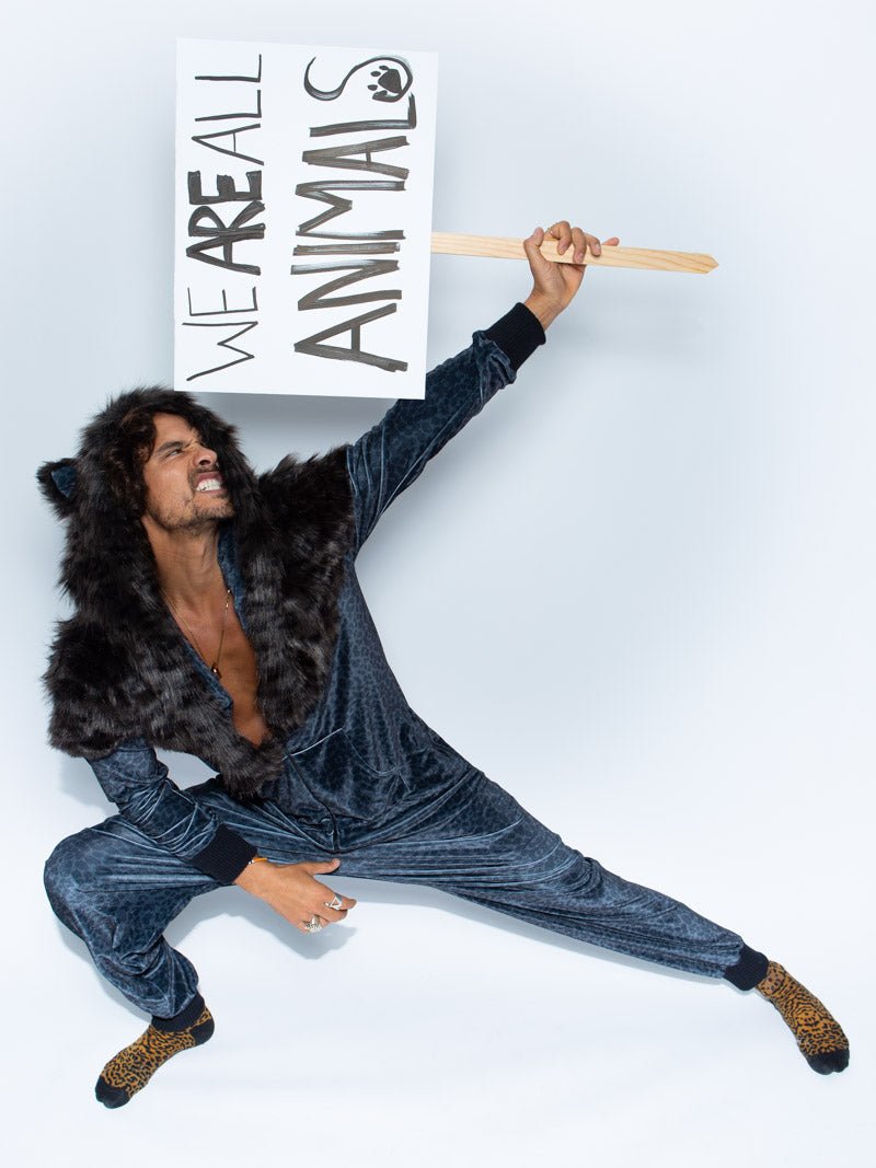 Man wearing Black Panther Faux Fur Velvet Onesie, front view 1