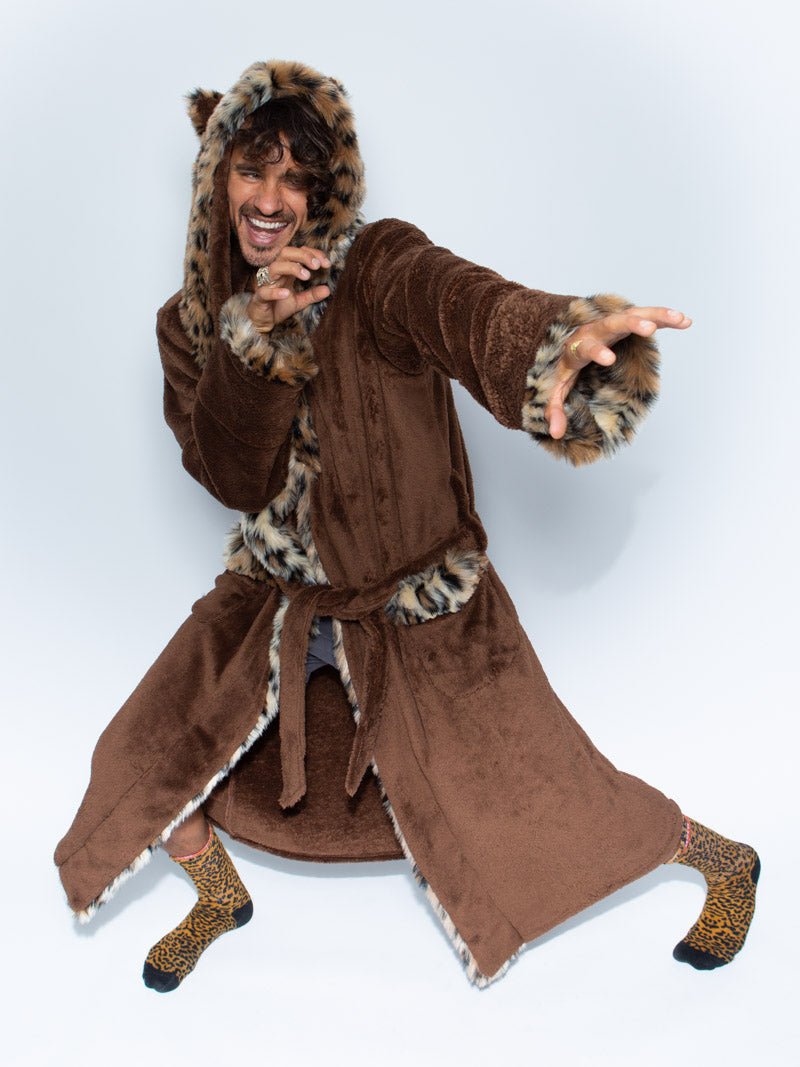 Man wearing Classic Leopard Faux Fur House Robe, side view 1