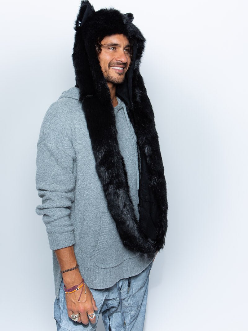 Man wearing faux fur Black Wolf Infinity Scarf SpiritHood, side view