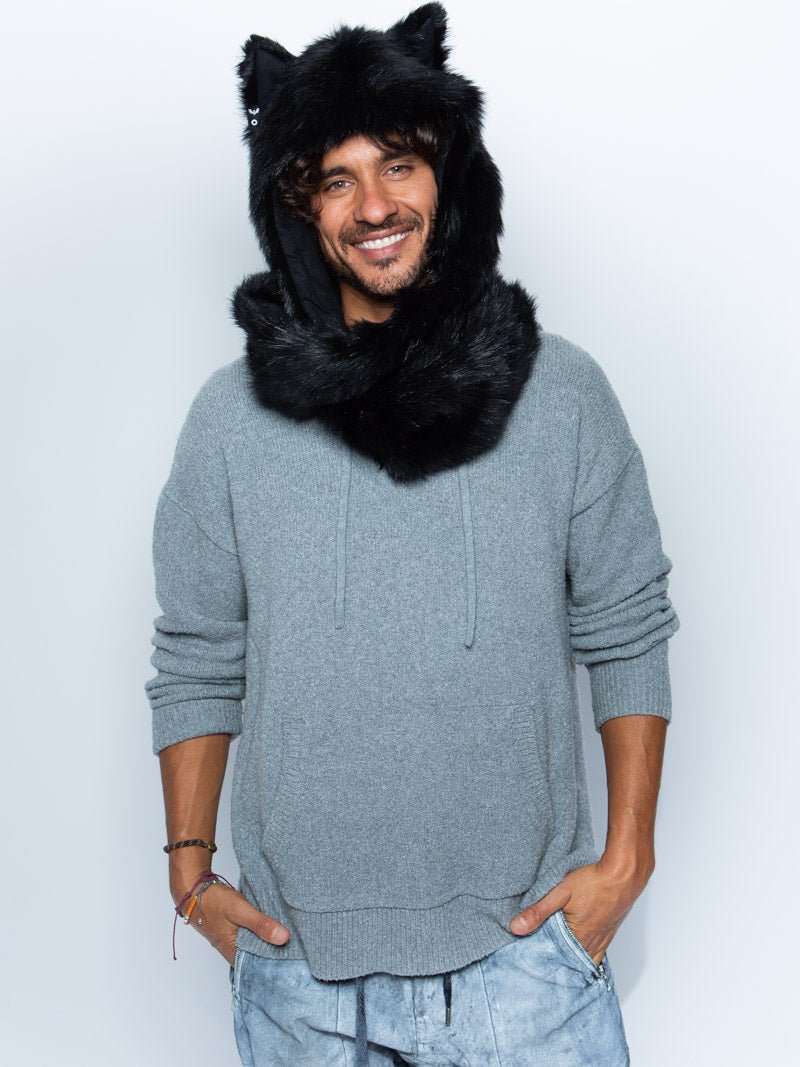 Man wearing faux fur Black Wolf Infinity Scarf SpiritHood, front view 2