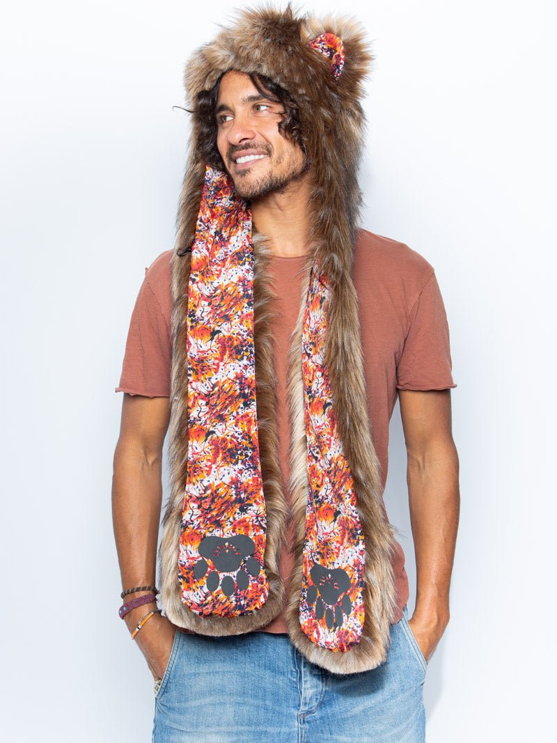 Man wearing faux fur Koyo Bear Collector Edition SpiritHood, side view