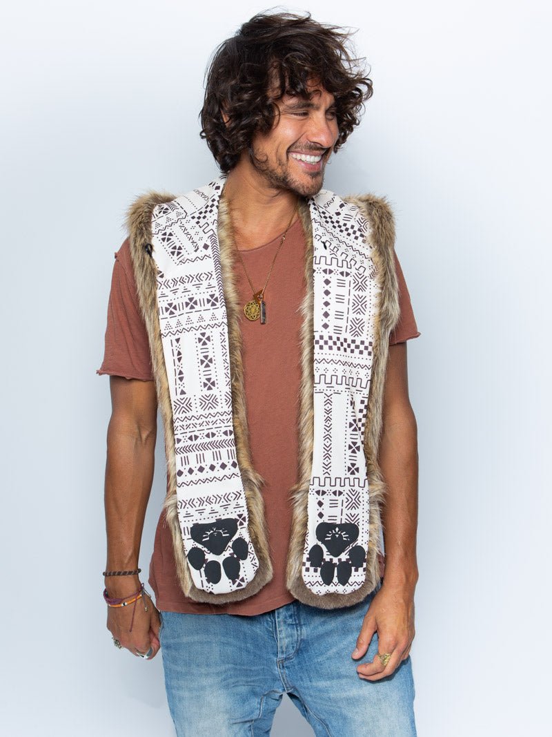 Man wearing faux fur Coyote Collector Edition SpiritHood, front view 2