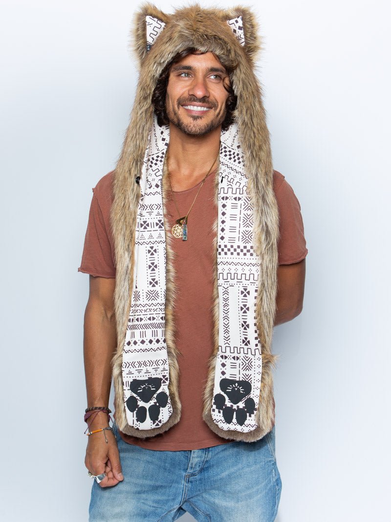 Man wearing faux fur Coyote Collector Edition SpiritHood, front view 4