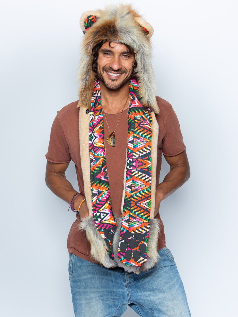 Man wearing faux fur Collector Edition Rangoli Lion SpiritHood