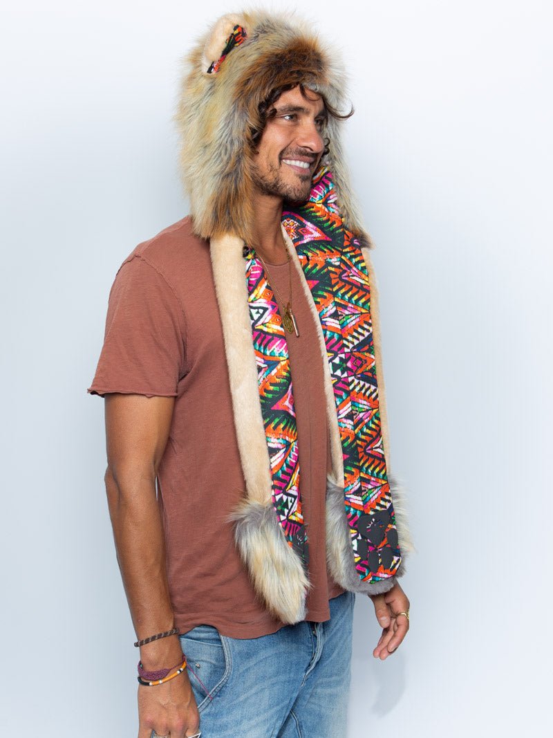 Man wearing faux fur Collector Edition Rangoli Lion SpiritHood, side view 1