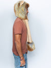 Man wearing faux fur Collector Edition Rangoli Lion SpiritHood, side view