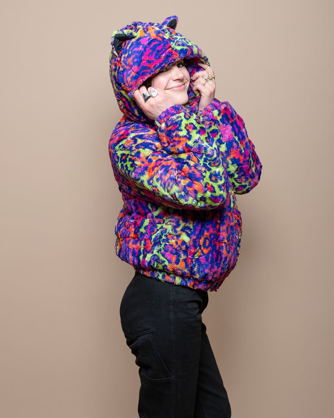 Hooded Puffer Jacket Womens Colorful Neon Disco Kitty SpiritHoods