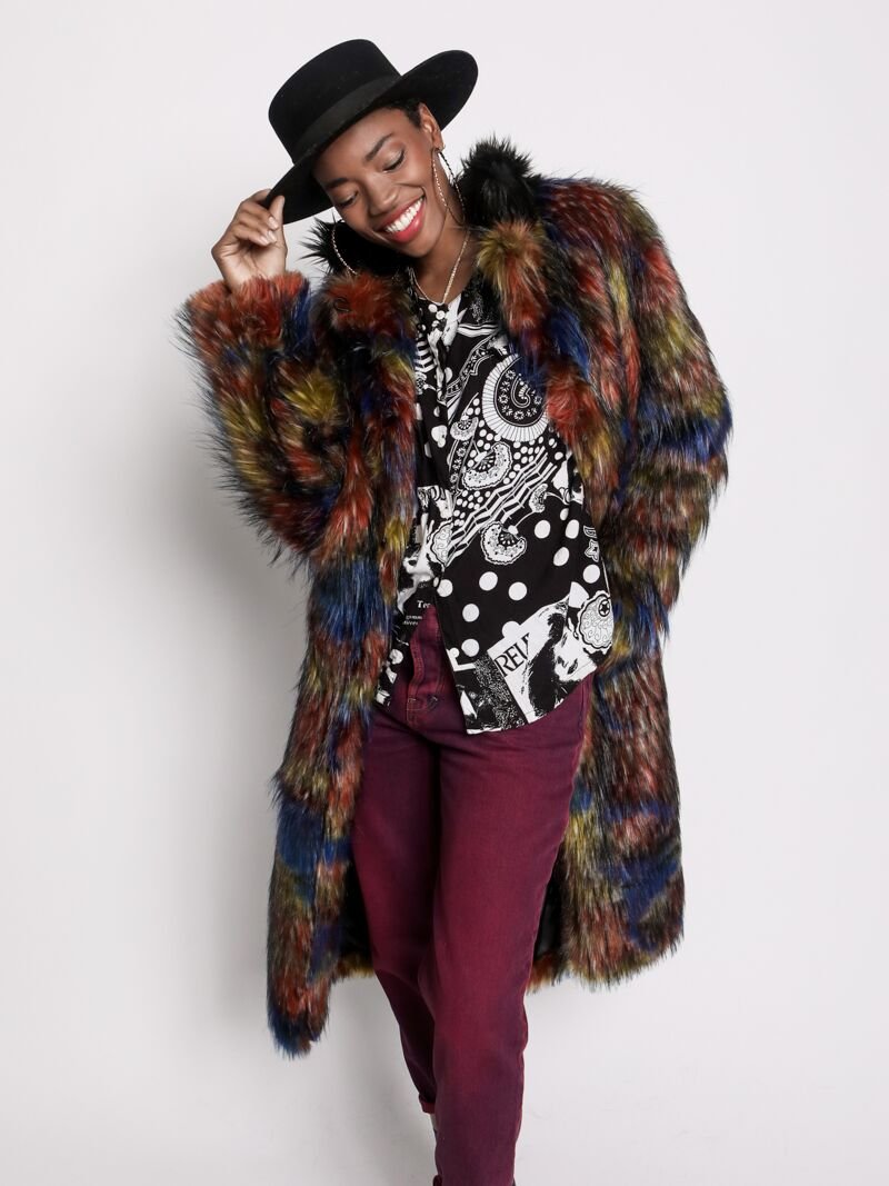 Parrot Calf Length Faux Fur Coat with Collar