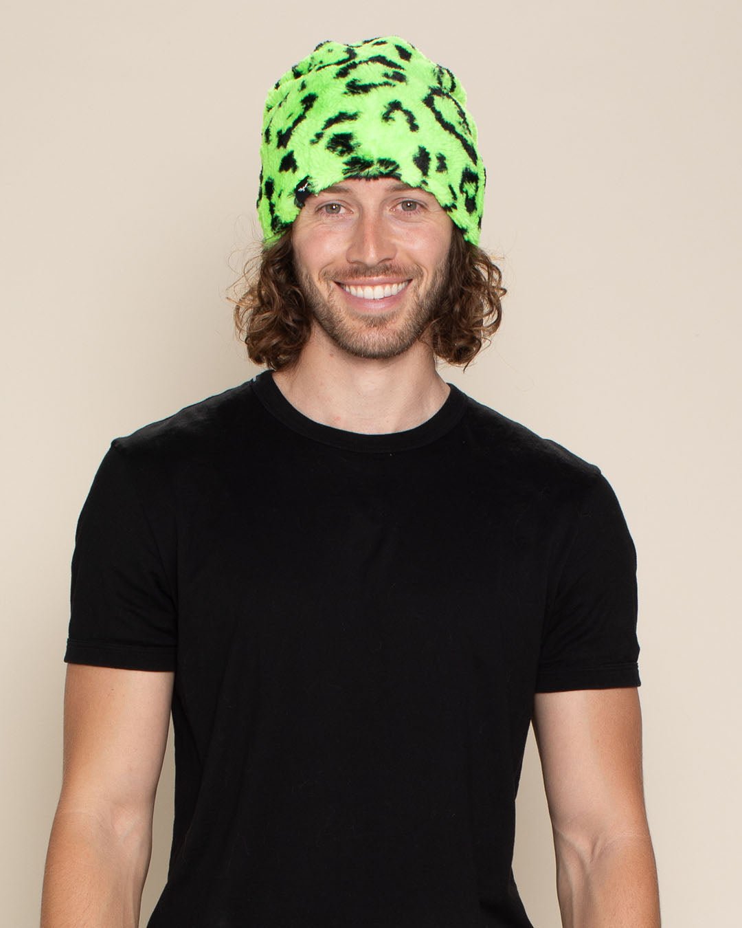 Neon Green Leopard Faux Fur Beanie | Men's