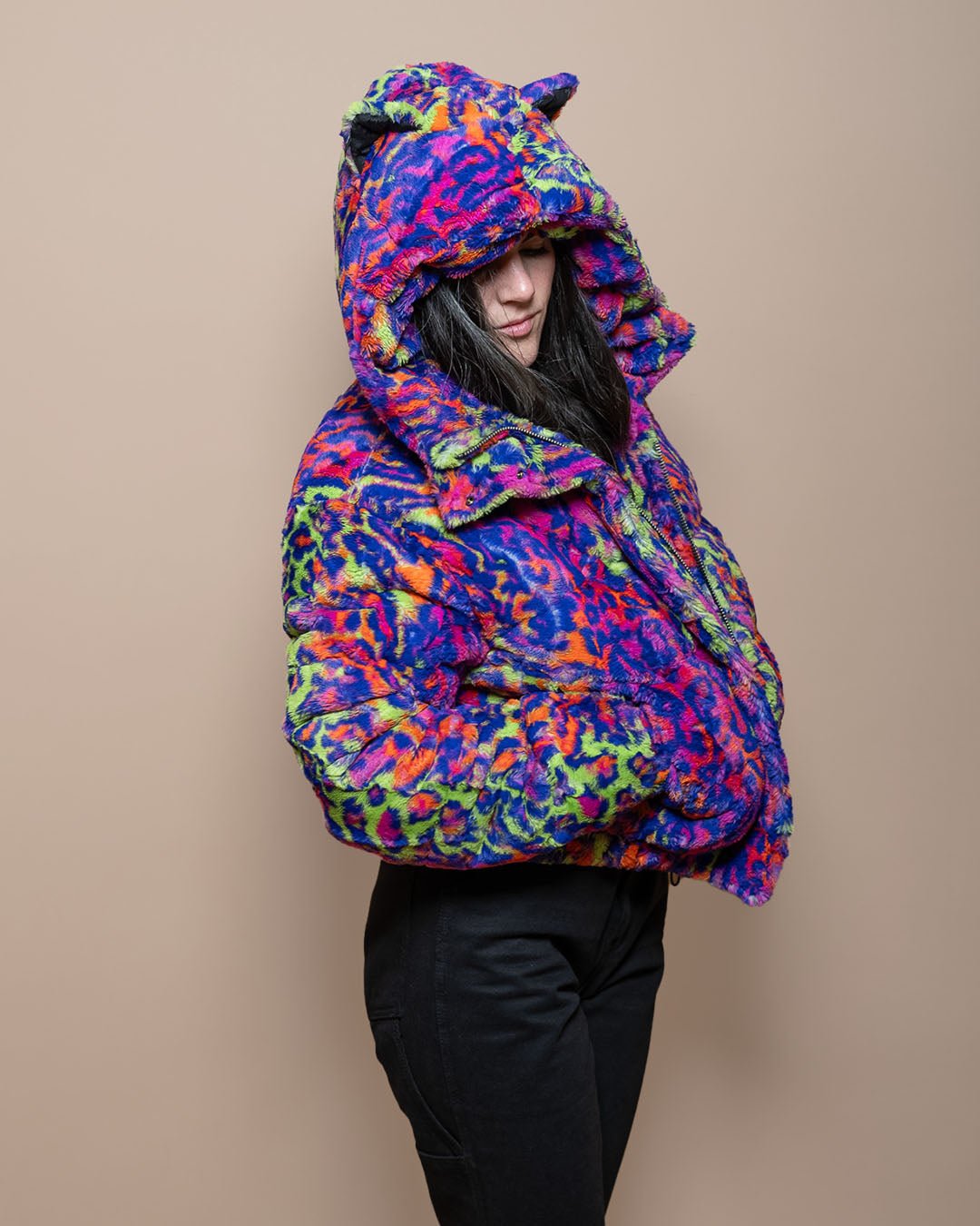 Classic Women's Hooded Puffer Jacket | Neon Disco Kitty