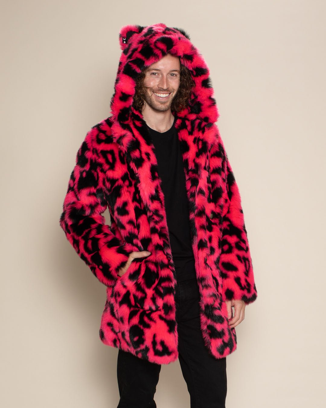 Men s Pink Leopard Faux Fur Coat with Hood Ears SpiritHoods