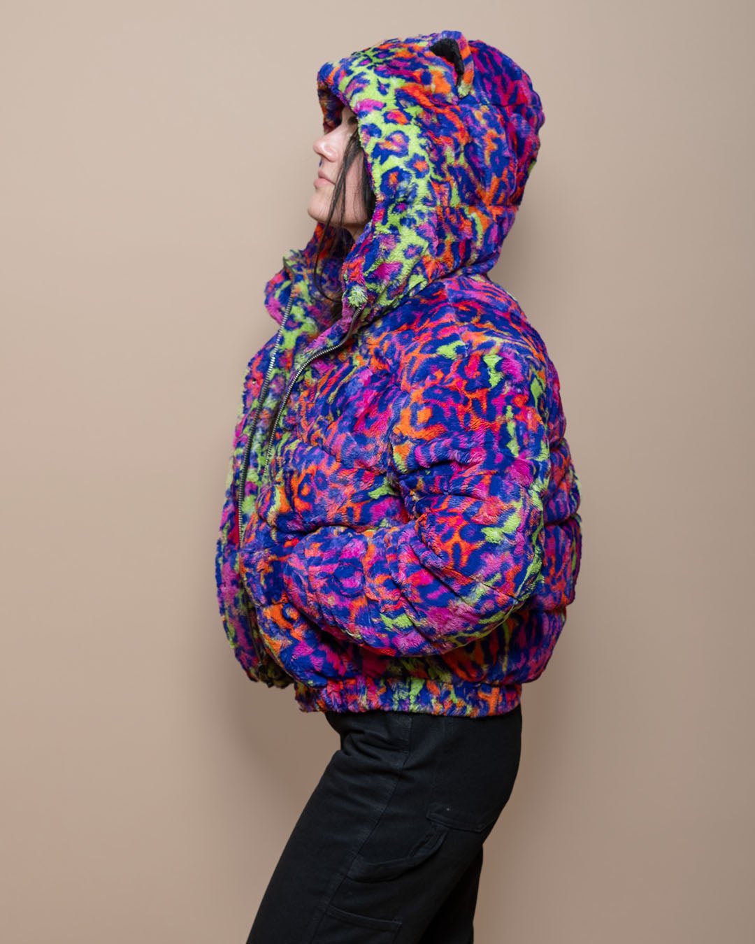 Classic Women's Hooded Puffer Jacket | Neon Disco Kitty