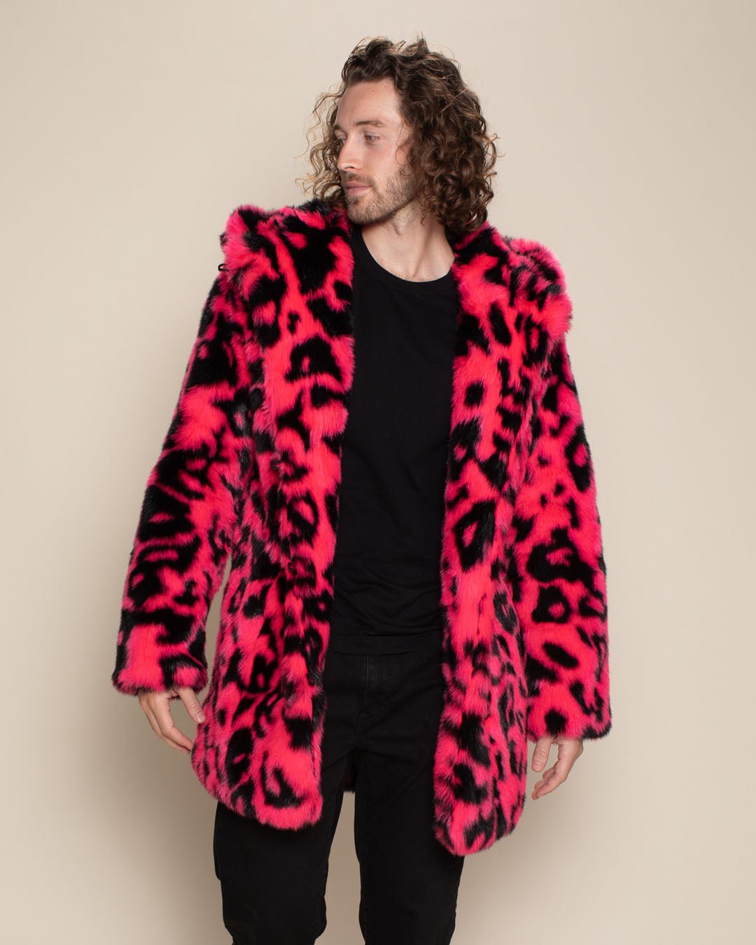 Neon Pink Leopard Classic Faux Fur Coat | Men's