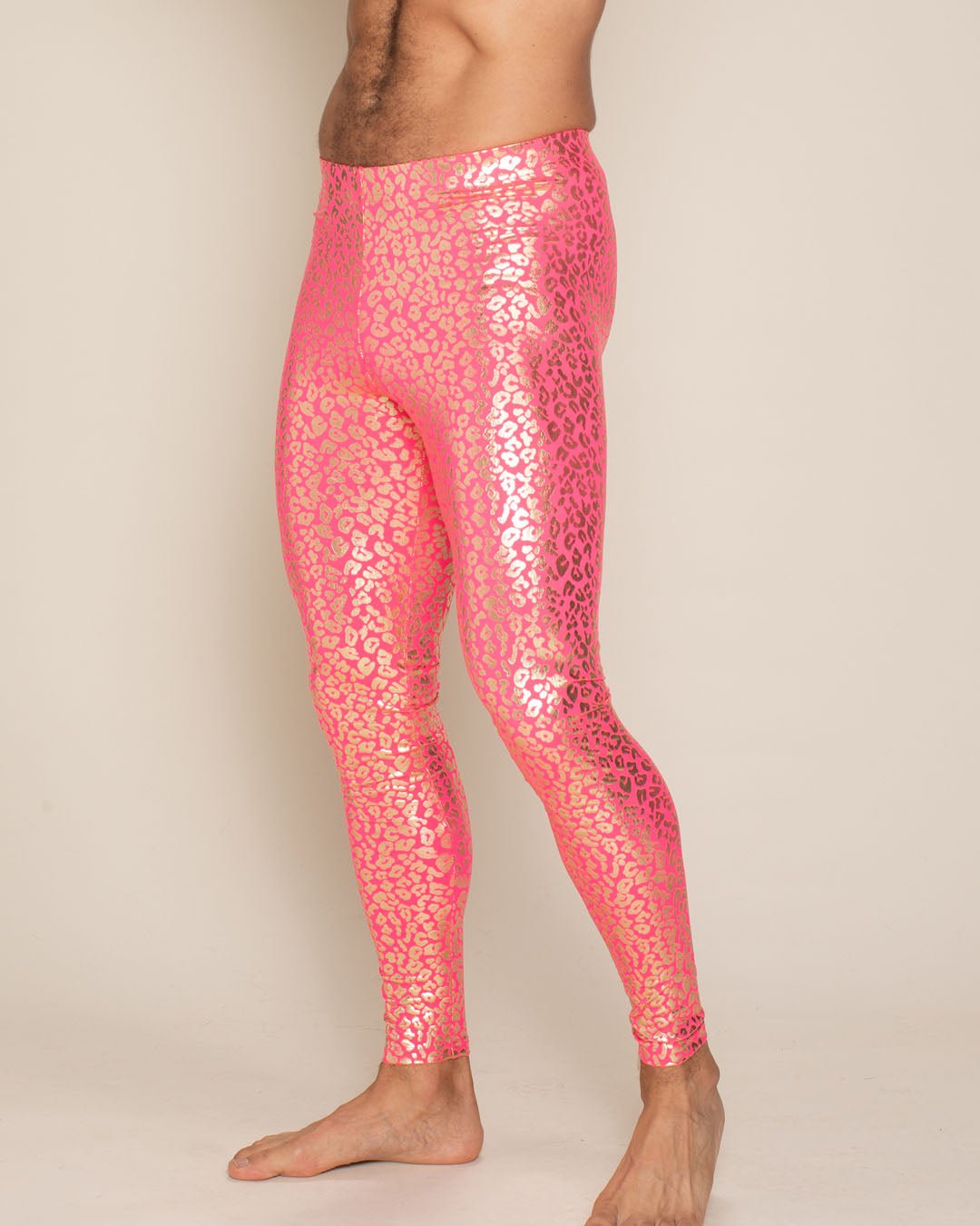 Men's Metallic Leggings | Neon Metallic Pink Leopard