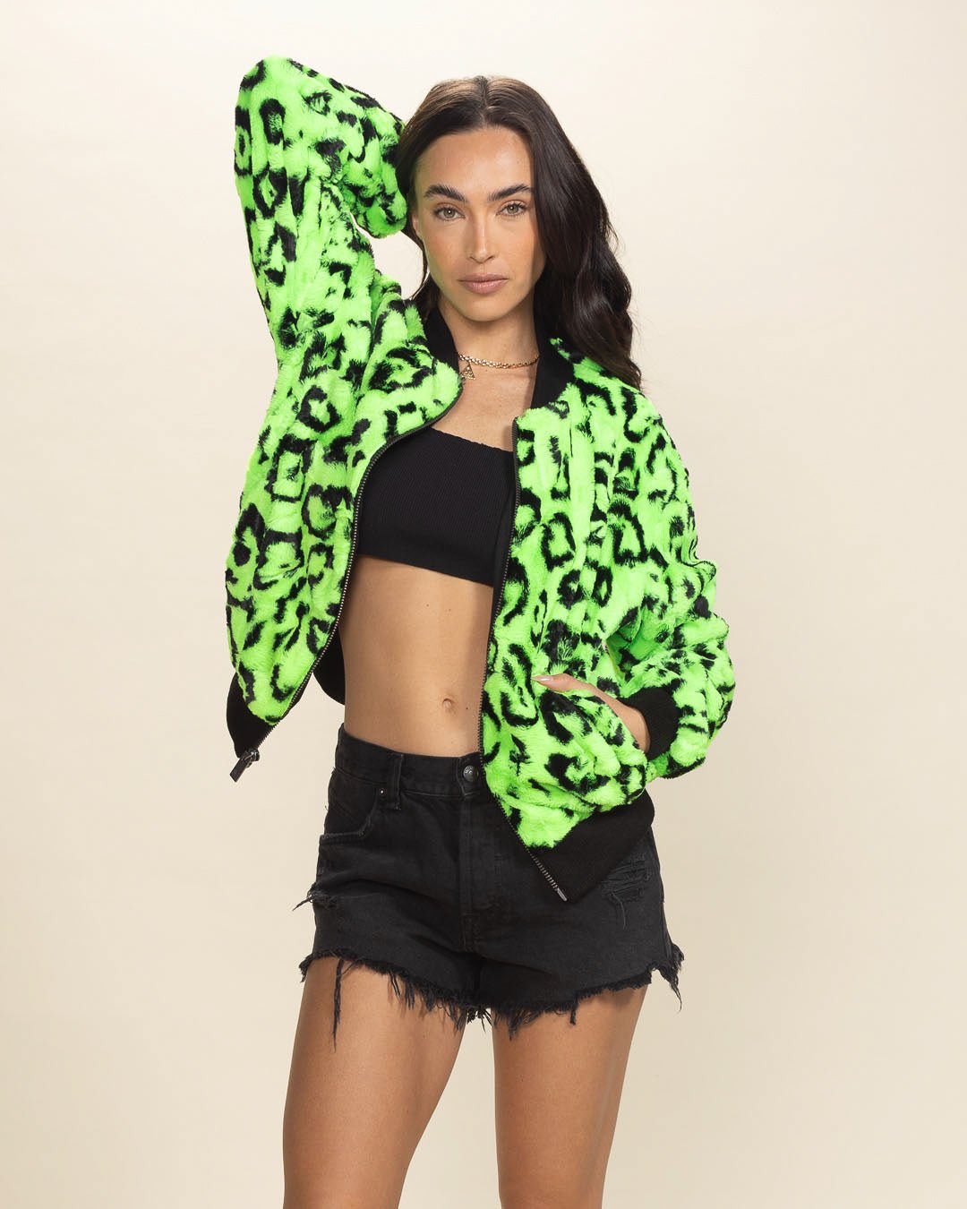 Women&#39;s Colorful Faux Fur Jacket | Neon Green Leopard