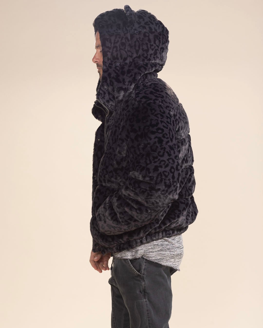 Classic Men&#39;s Black Puffer Jacket With Hood | Slate Leopard