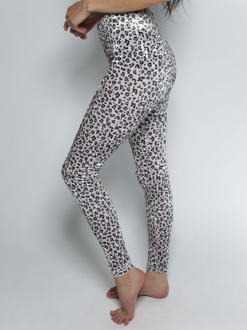 Woman wearing Spotted Blue Leopard Velvet Leggings, side view 3