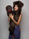 Woman wearing Faux Fur Brown Bear SpiritHood, side view 2