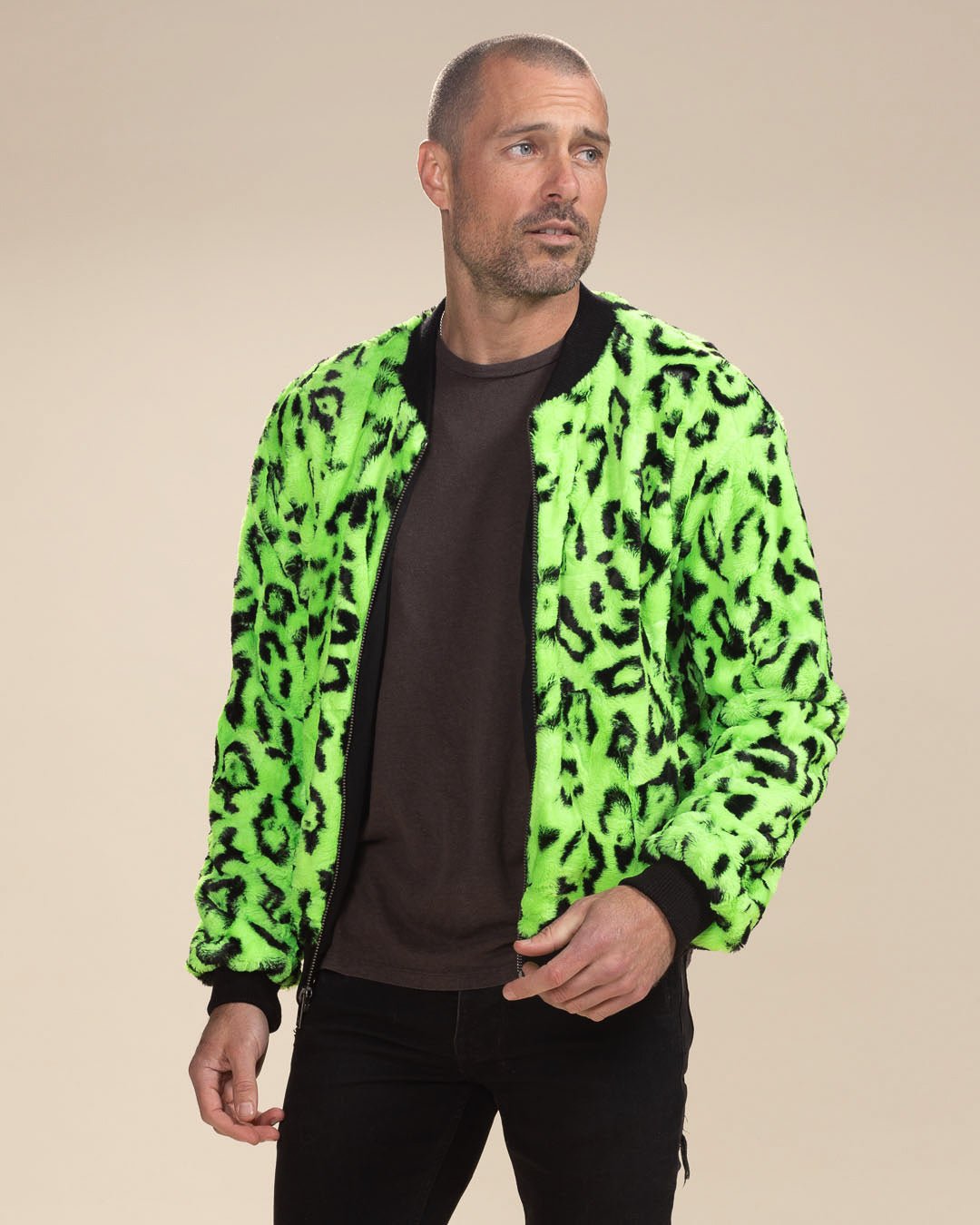 Men's Colorful Faux Fur Jacket | Neon Green Leopard