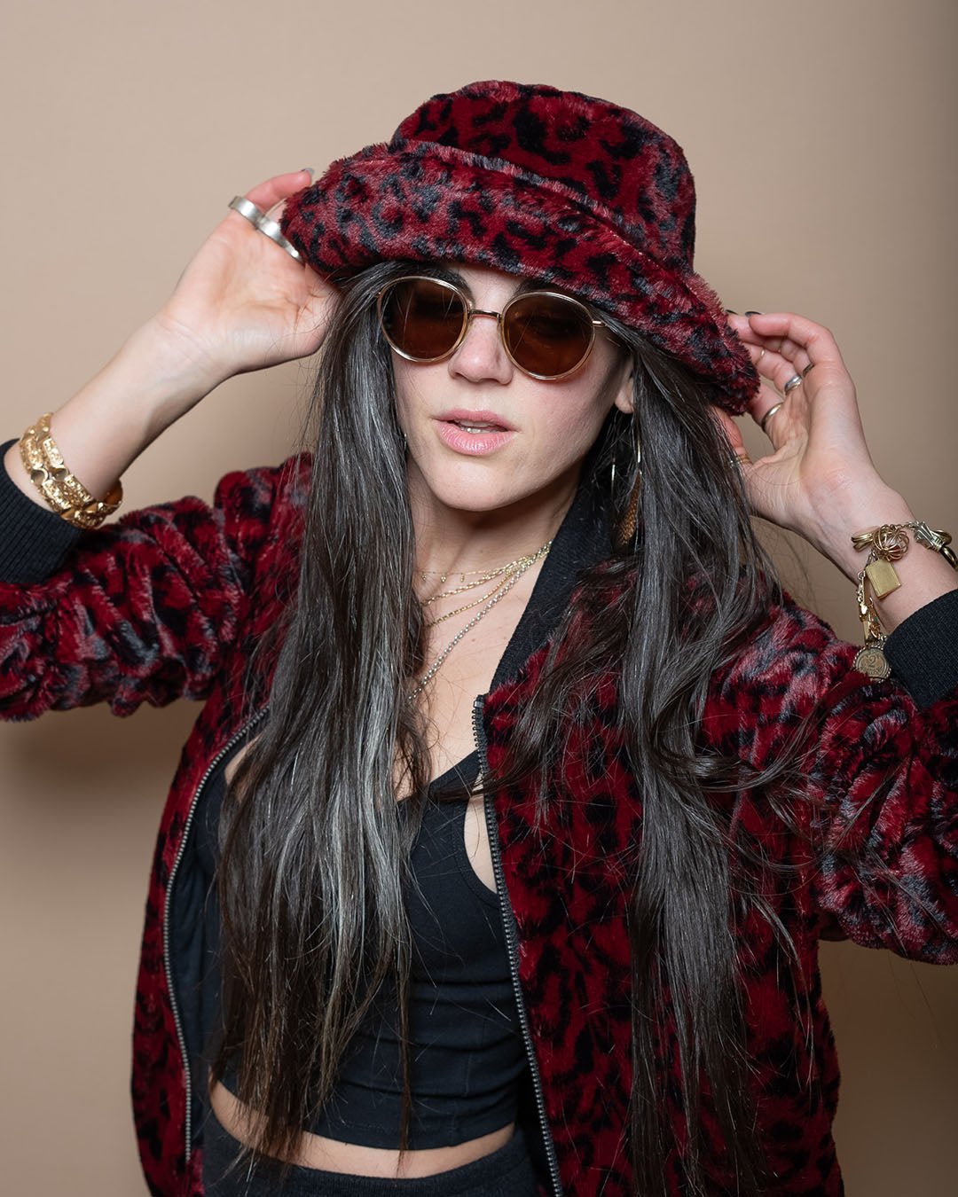 Women&#39;s Fur Bucket Hat | Red Burgundy Leopard