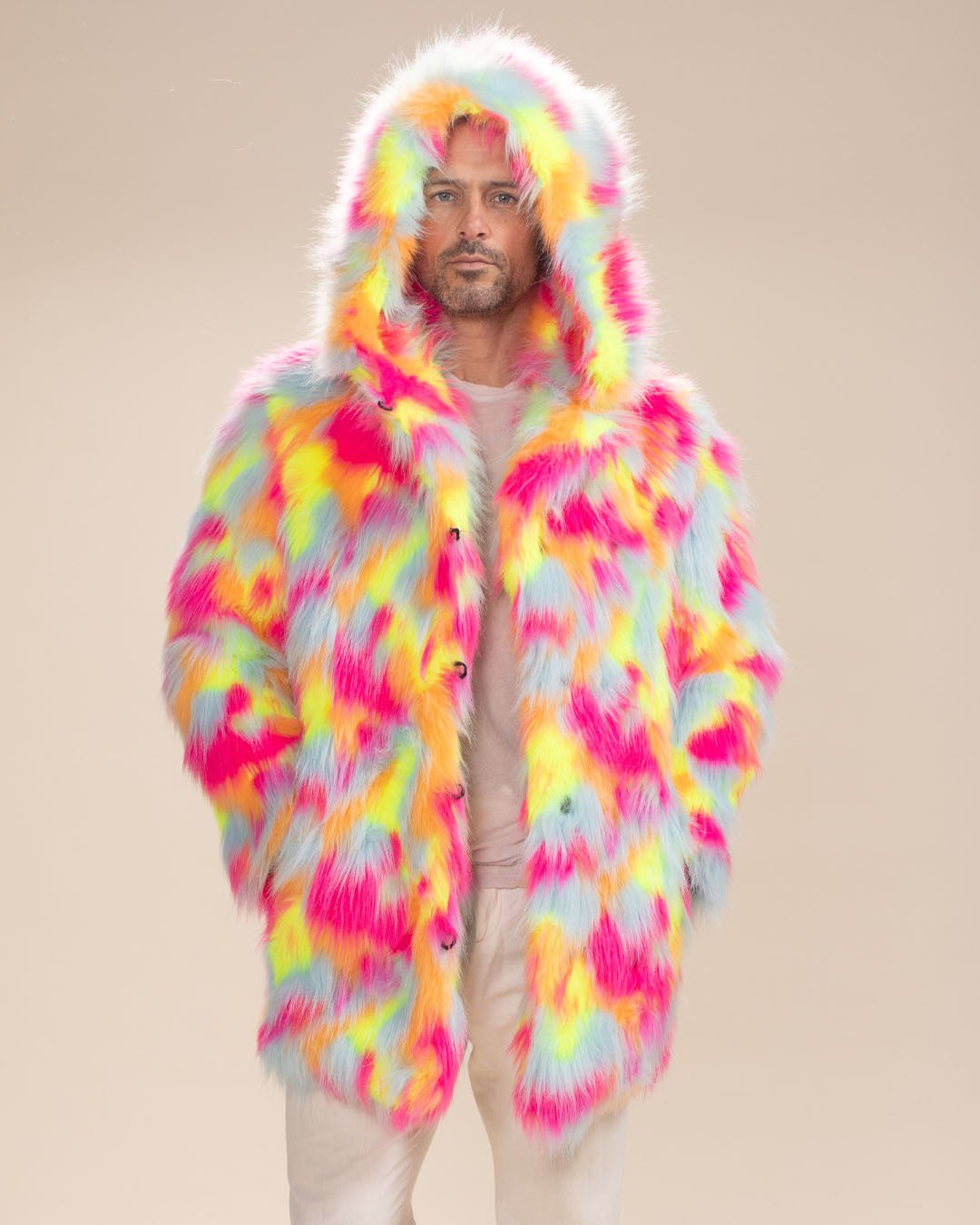 Hooded Men's Faux Fur Coat | Neon Calico Cat