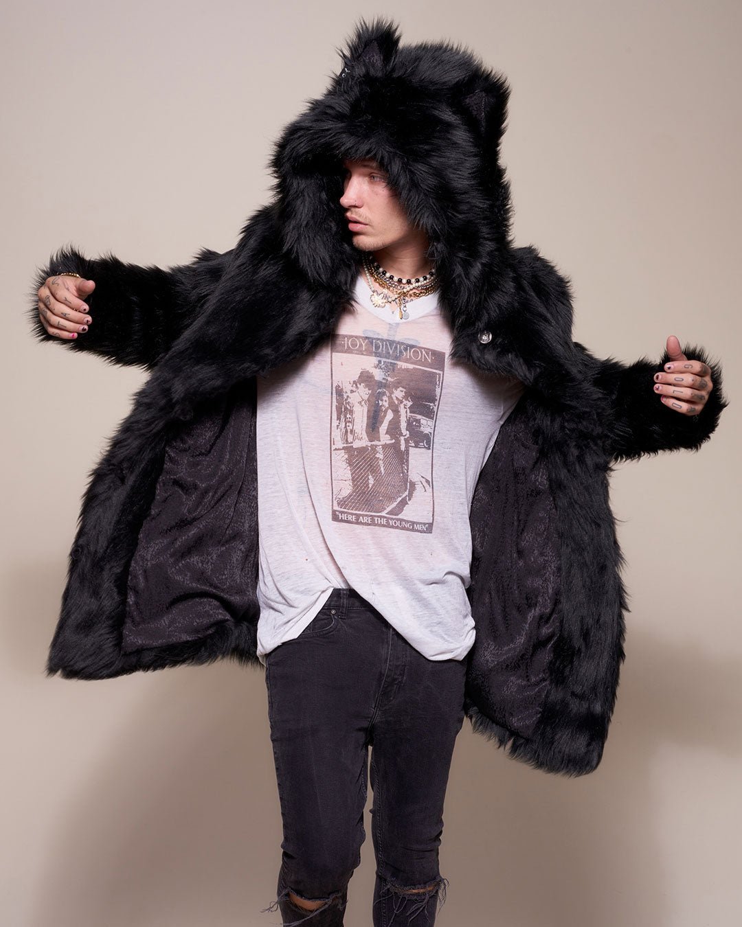 Black furry jacket with hood sale