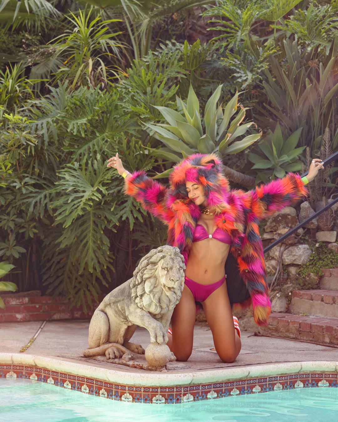 Woman wearing Classic Calico Leopard Faux Fur Coat, front view