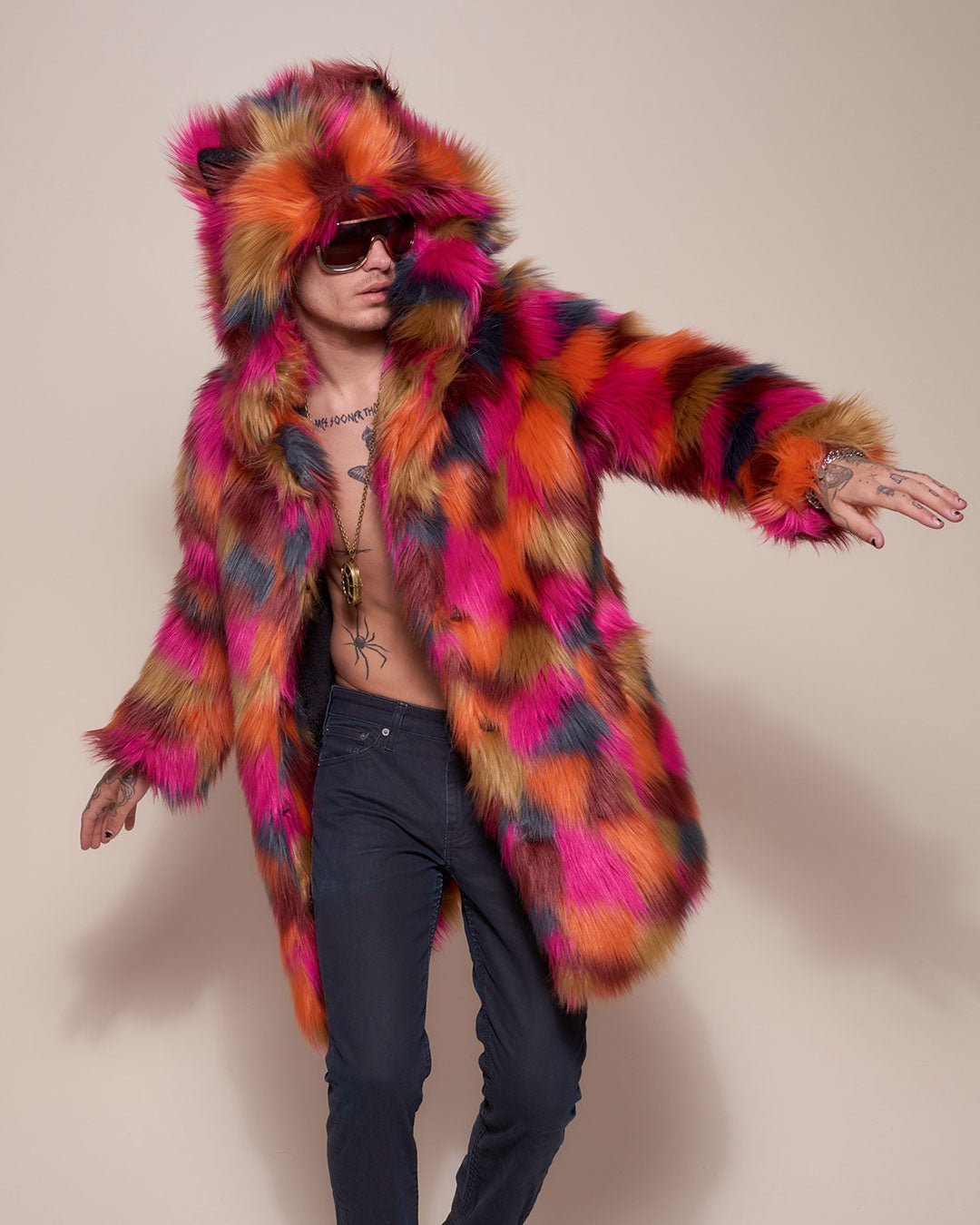 Man wearing Calico Leopard Classic Faux Fur Coat, front view 4