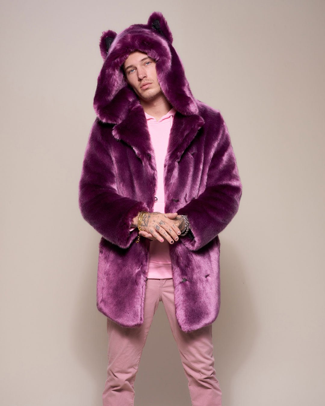 Men s Faux Fur Coat With Hood Lavender Wolf SpiritHoods