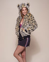 Woman wearing Ocelot Luxe Classic  Faux Fur Bomber Jacket