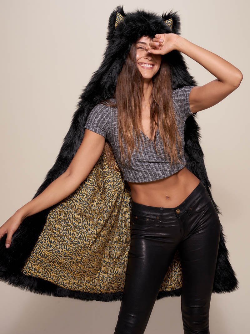 Woman wearing Collector Edition Black Wolf Faux Fur Coat