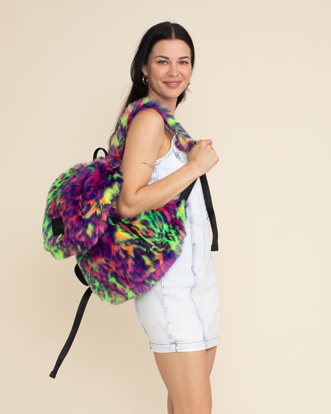 Neon Disco Kitty Faux Fur Backpack