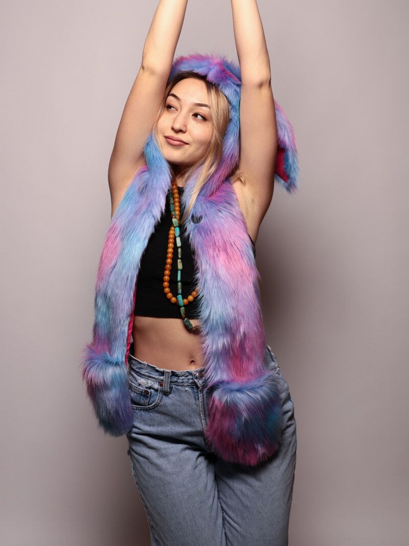 Woman wearing faux fur Cotton Candy Bunny CE SpiritHood, front view 2