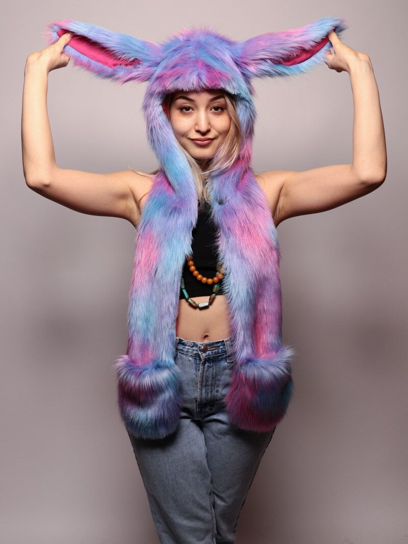 Woman wearing faux fur Cotton Candy Bunny CE SpiritHood, front view