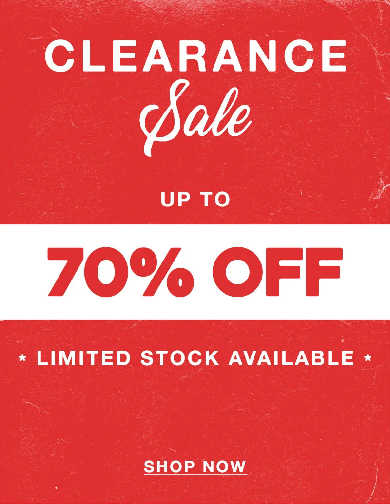 RED GRAPHIC WITH WHITE TEXT THAT SAYS CLEARANCE SALE UP TO 70% OFF LIMITED STOCK AVAILABLE 