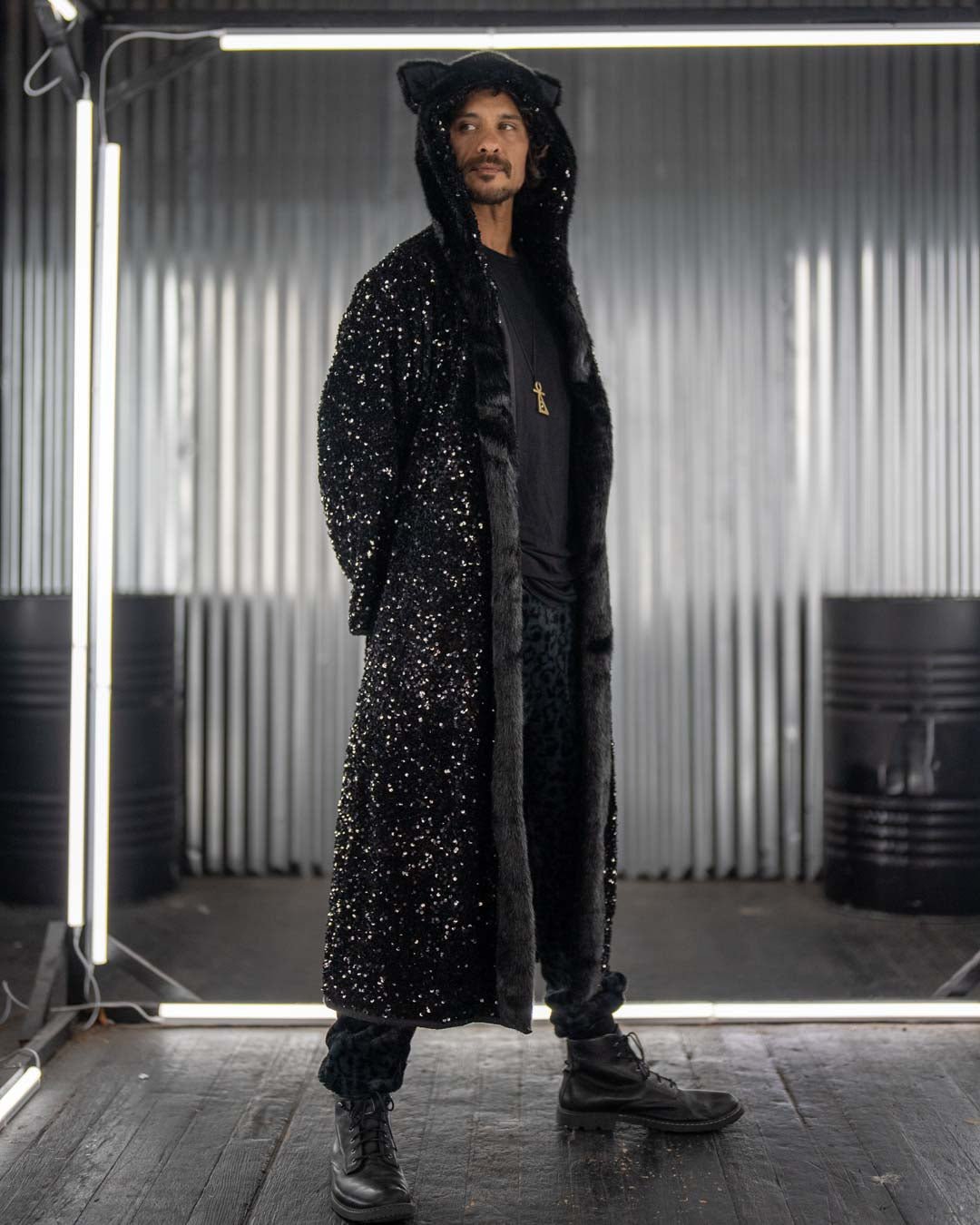 Classic Men's Long Sequin Coat | Black Panther