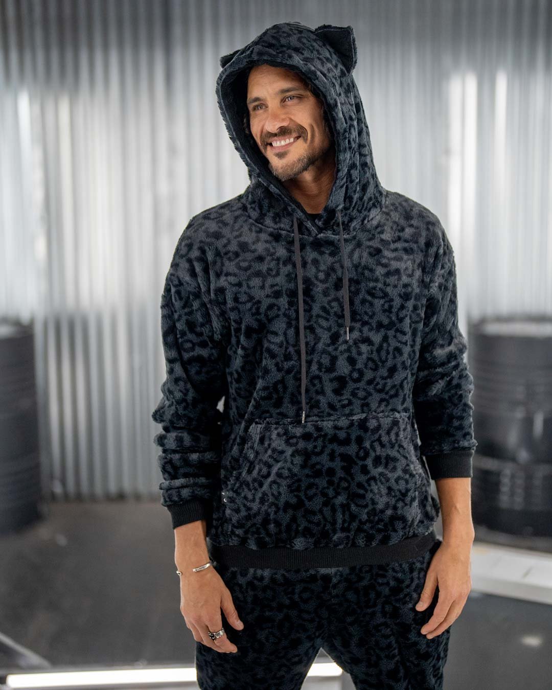 Classic Men&#39;s Fur Hoodie | Slate Black Leopard