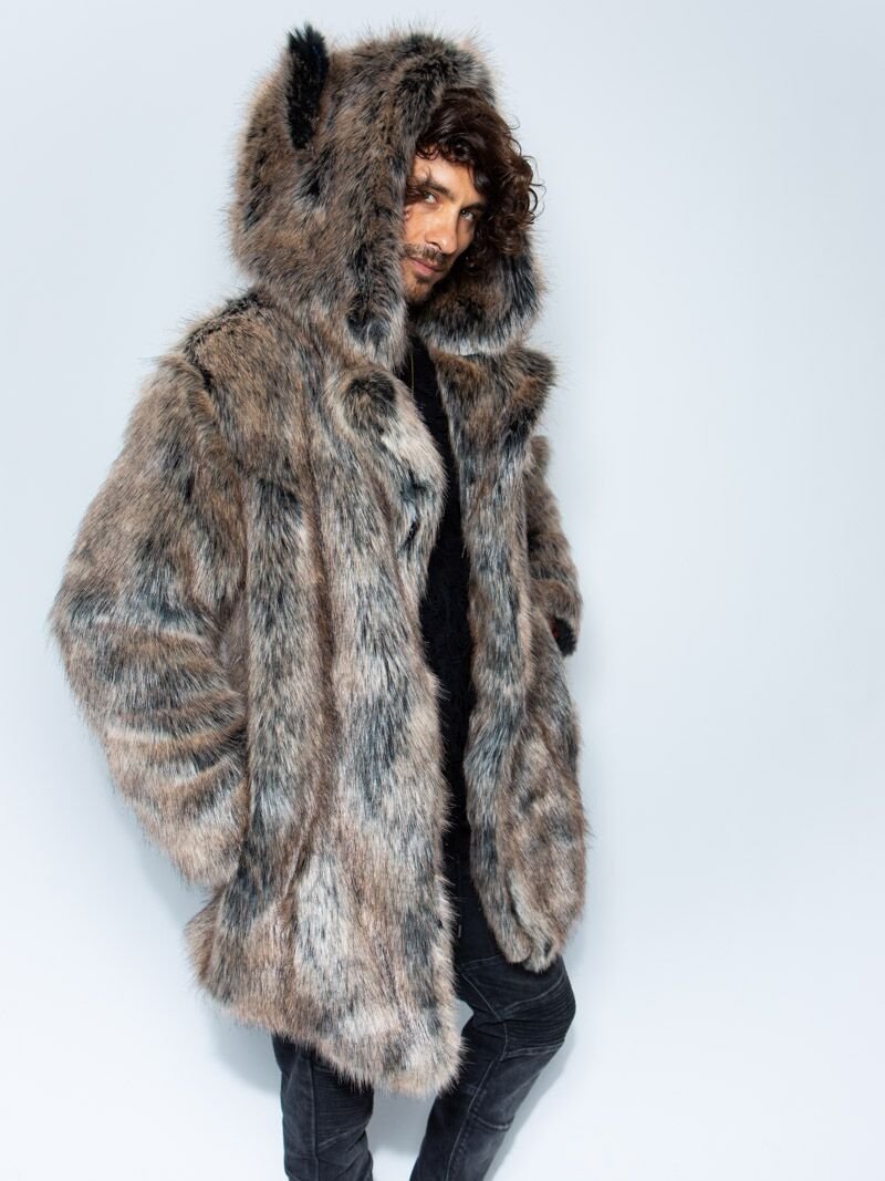 Man wearing Direwolf Galaxy Collector Edition Faux Fur Coat, side view 3