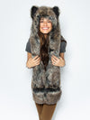 Woman wearing Dire Wolf Faux Fur Hood, front view