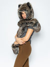 Woman wearing Dire Wolf Faux Fur Hood, side view 2