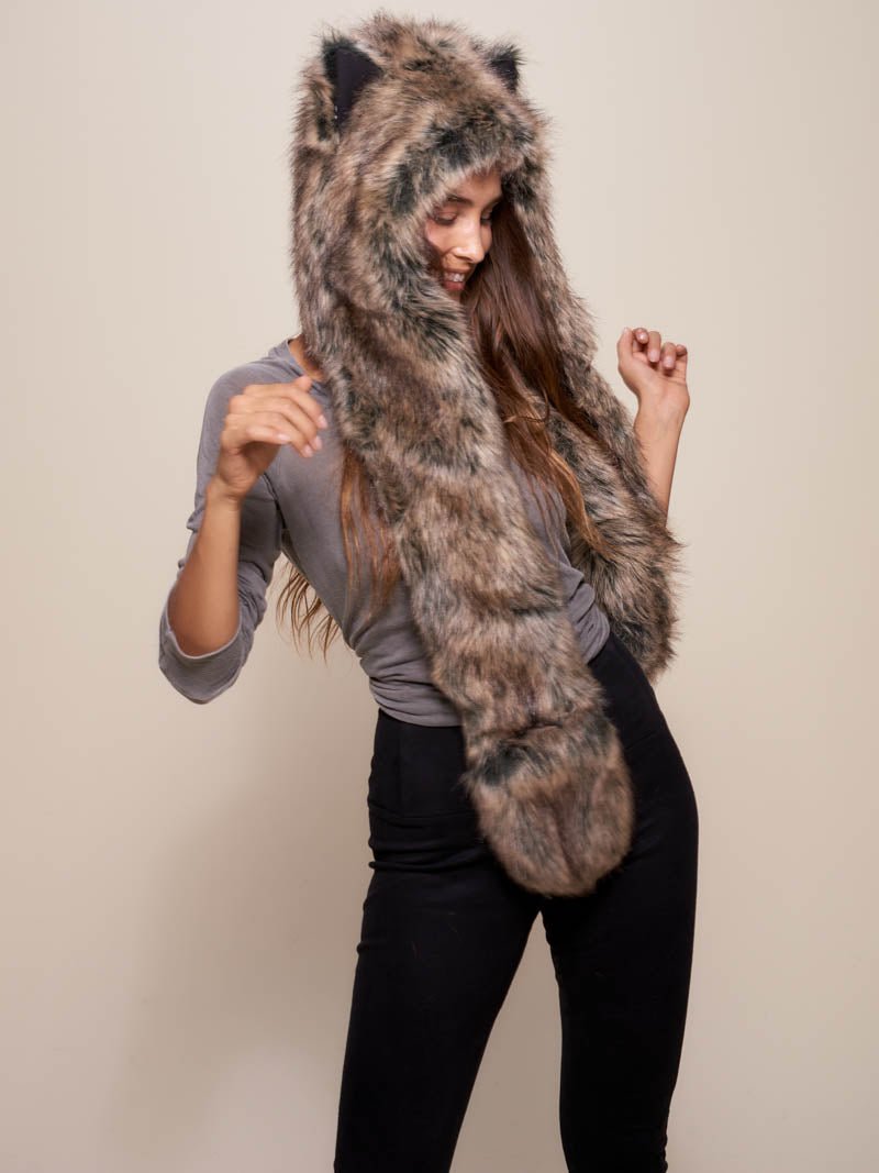 Woman wearing Dire Wolf Faux Fur Hood, front view