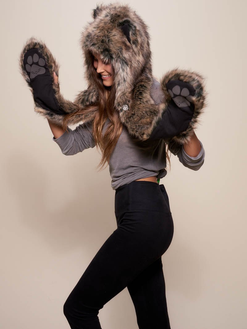 Woman wearing Dire Wolf Faux Fur Hood, side view 3