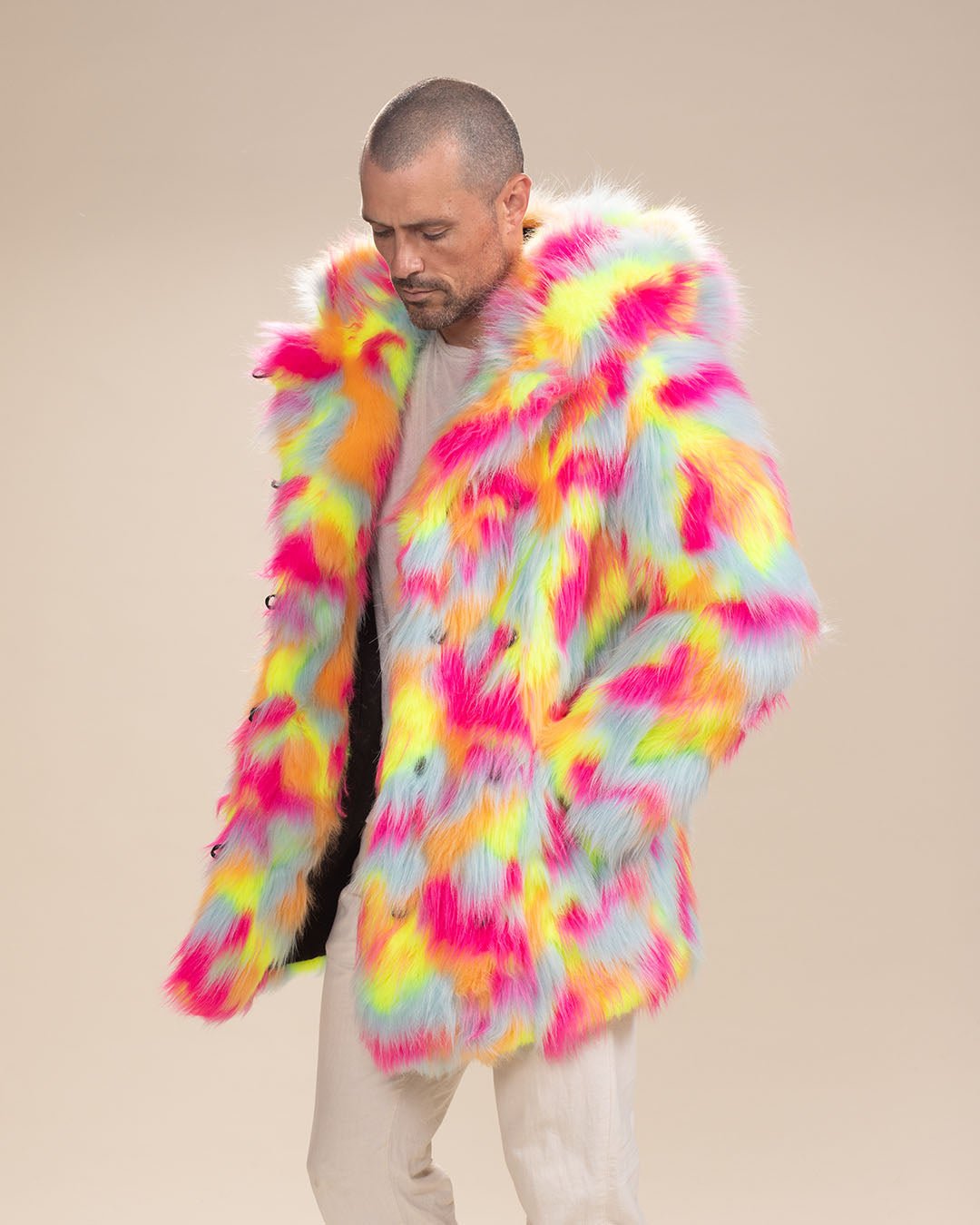 Hooded Men's Faux Fur Coat | Neon Calico Cat