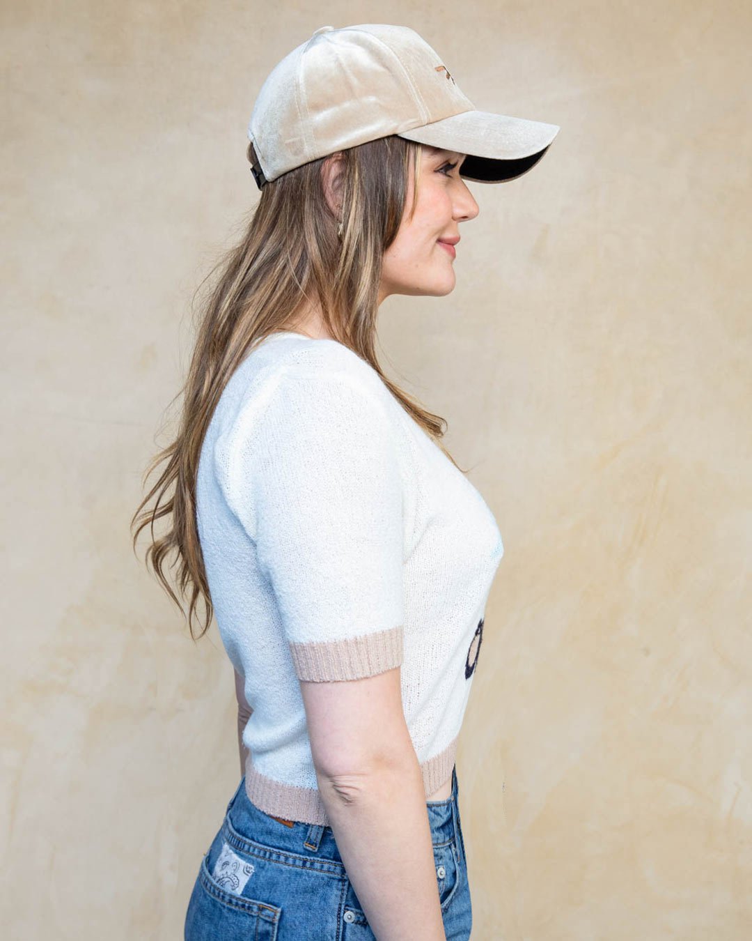 Side View of Phoenix Tan Velvet Baseball Hat on Woman