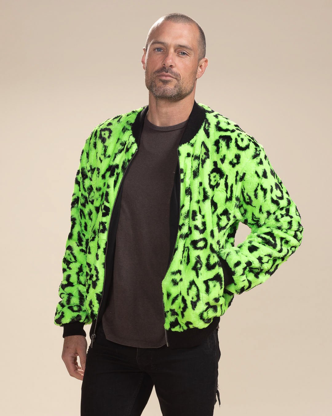 Men's Colorful Faux Fur Jacket | Neon Green Leopard